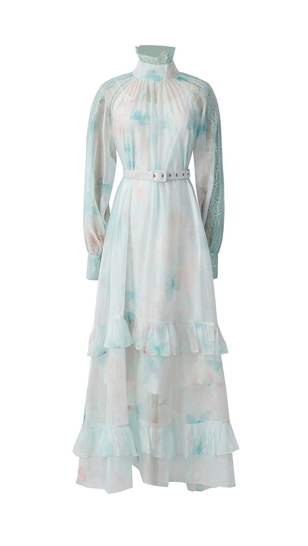 olga floral print  lantern sleeve layer Sheer maxi dress