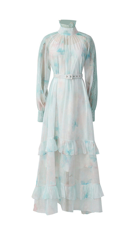 olga floral print  lantern sleeve layer Sheer maxi dress