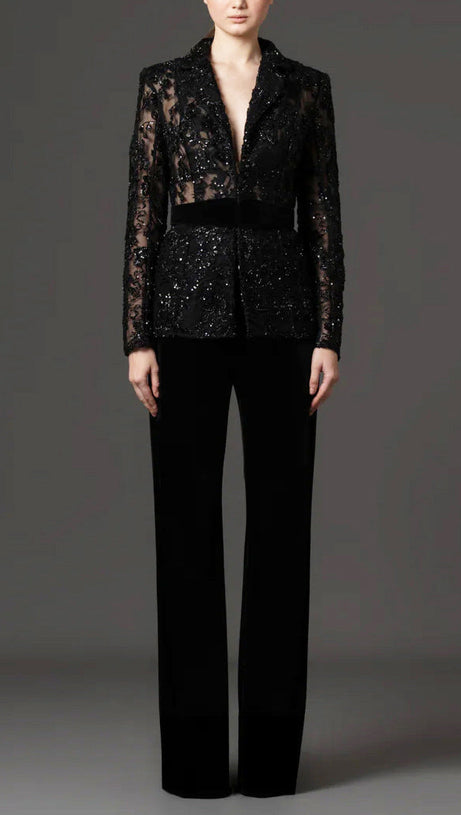 Mesh embroidered beaded jacket & trousers 2-piece set - black