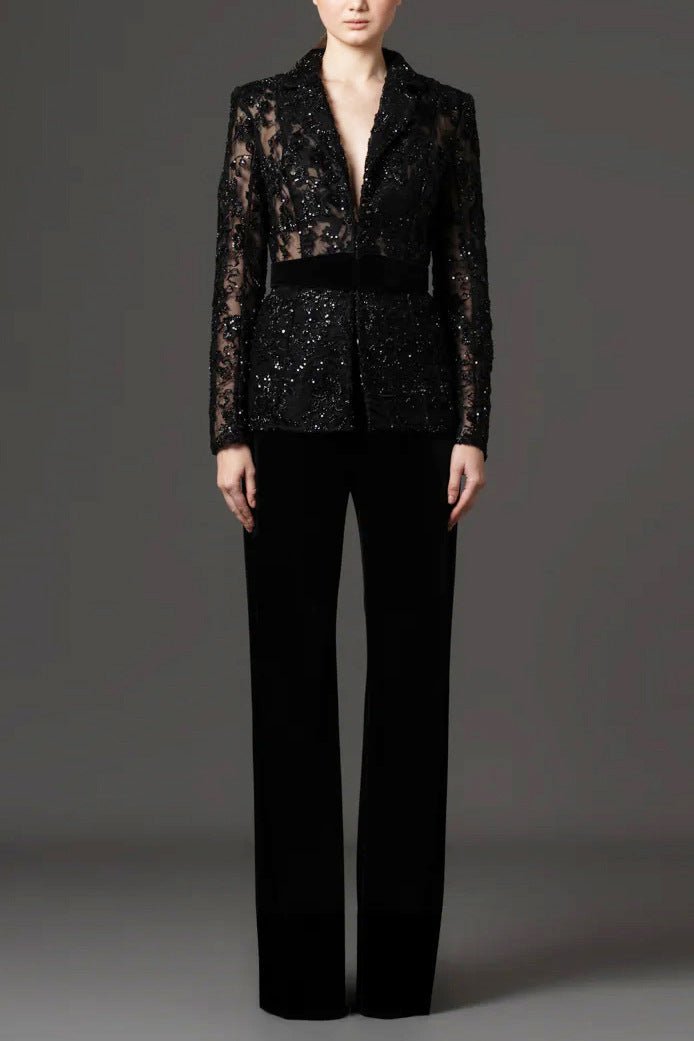 Beaded Mesh Jacket and Trouser Set in Black