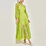 TARA GREEN LACE EMBROIDERED LONG SLEEVE MIDI DRESS