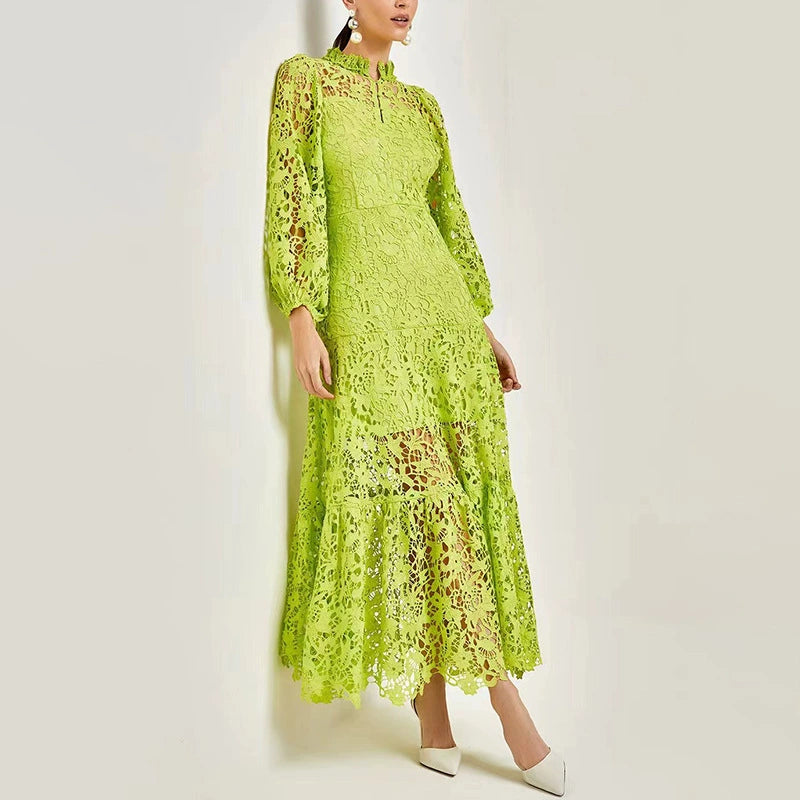 TARA GREEN LACE EMBROIDERED LONG SLEEVE MIDI DRESS