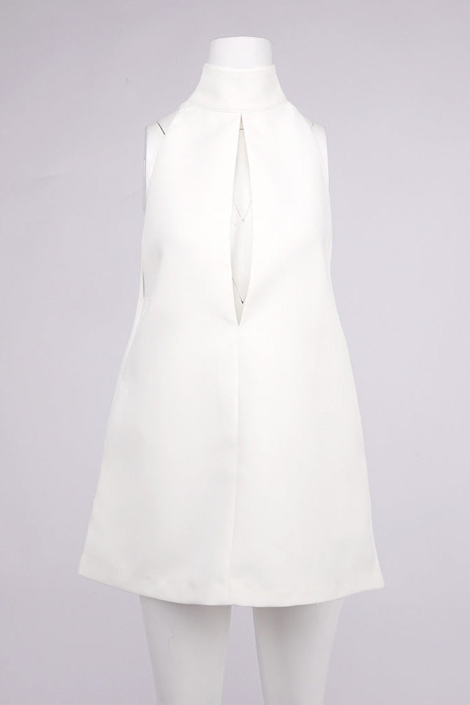 V-NECK CUTOUT BACKLESS CREPE HALTER DRESS - WHITE