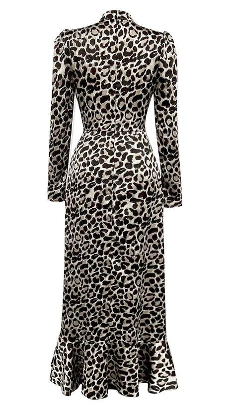 WHITE LEOPARD - PRINT MANDARIN COLLAR LONG  - FIT RUFFLED MIDI DRESS