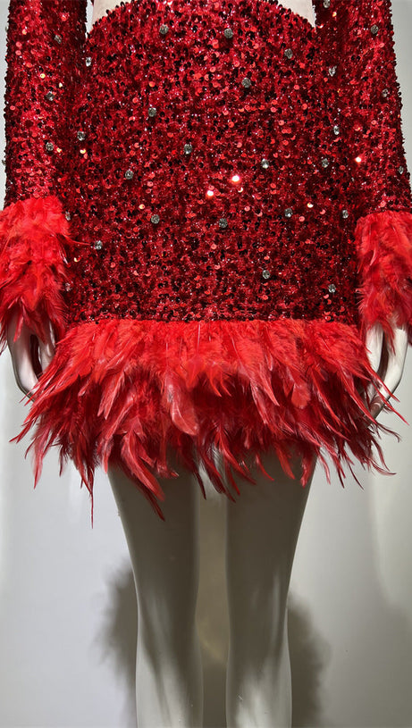 LONG SLEEVE PATCHWORK SEQUIN DRESS IN RED