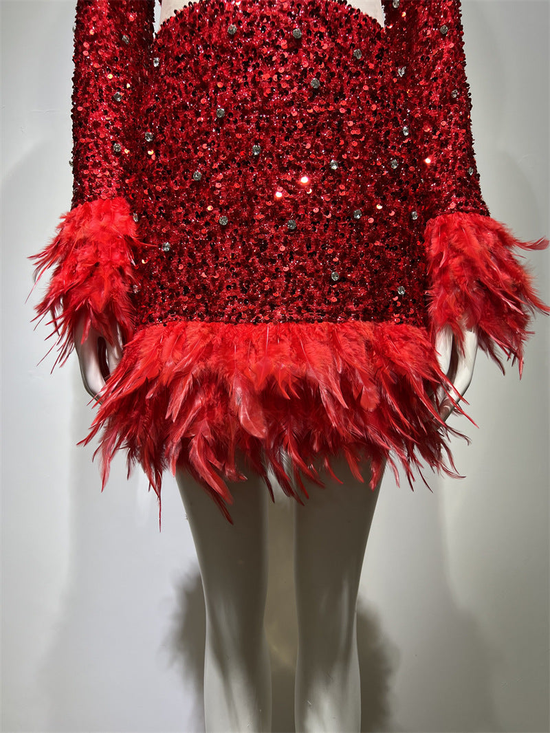 AIIZIE LONG SLEEVE PATCHWORK SEQUIN DRESS IN RED - product image