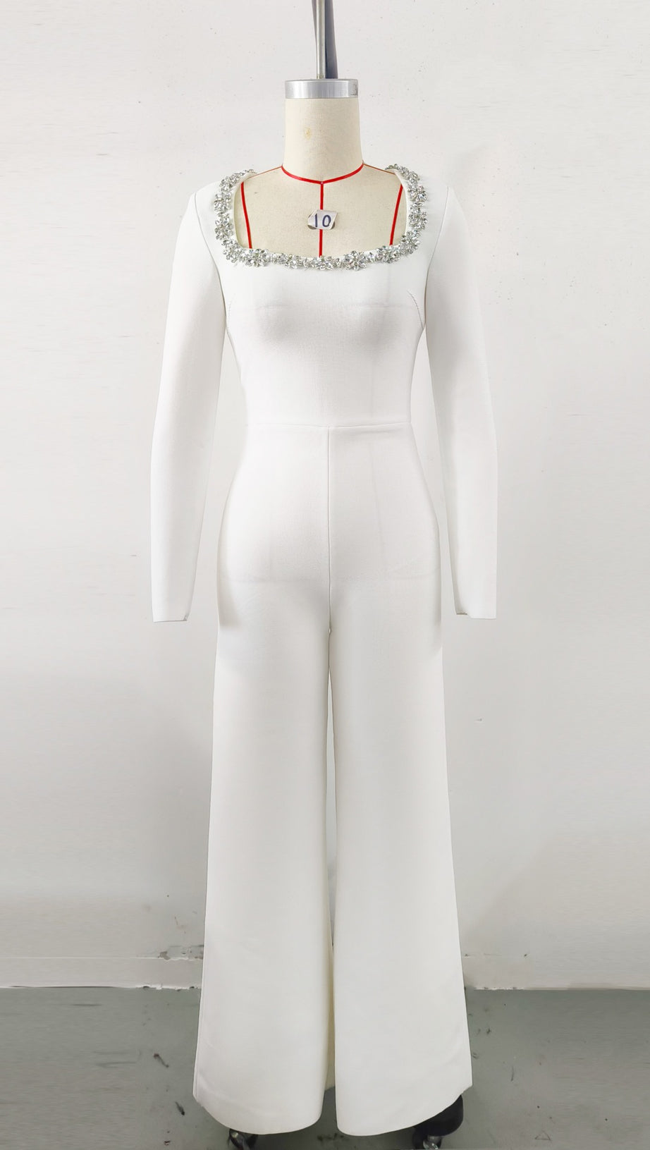 WHITE LONG - SLEEVED JUMPSUIT WITH WIDE - LEG PANTS