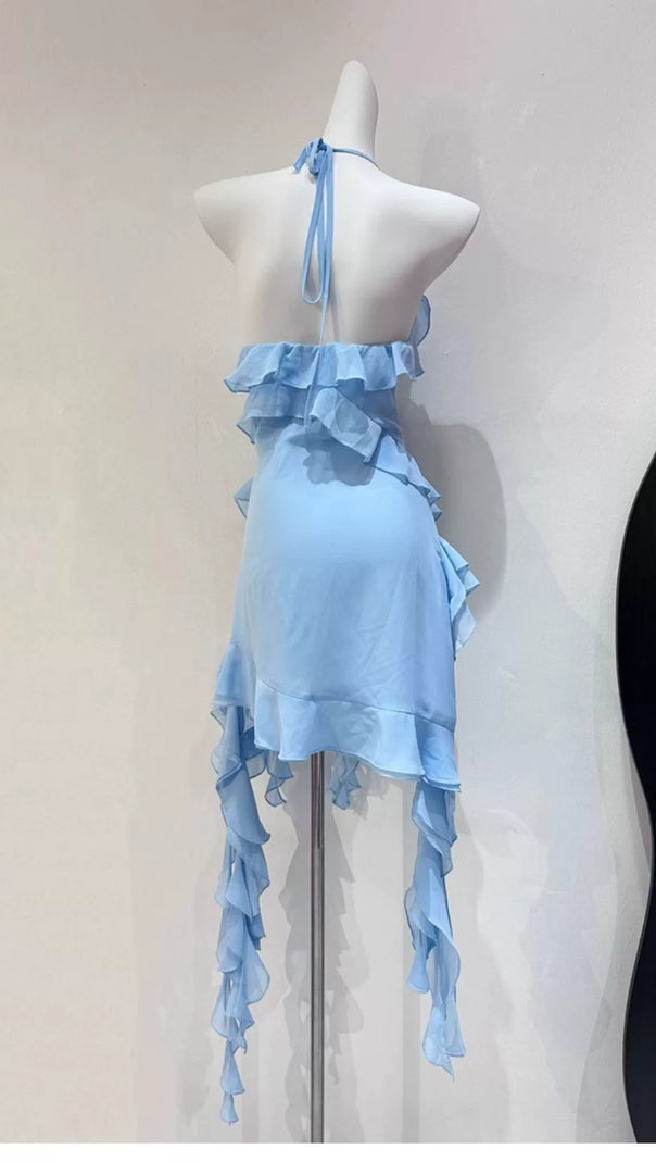 AIIZIE BLUE RUFFLED HALTER NECK MINI DRESS - product image