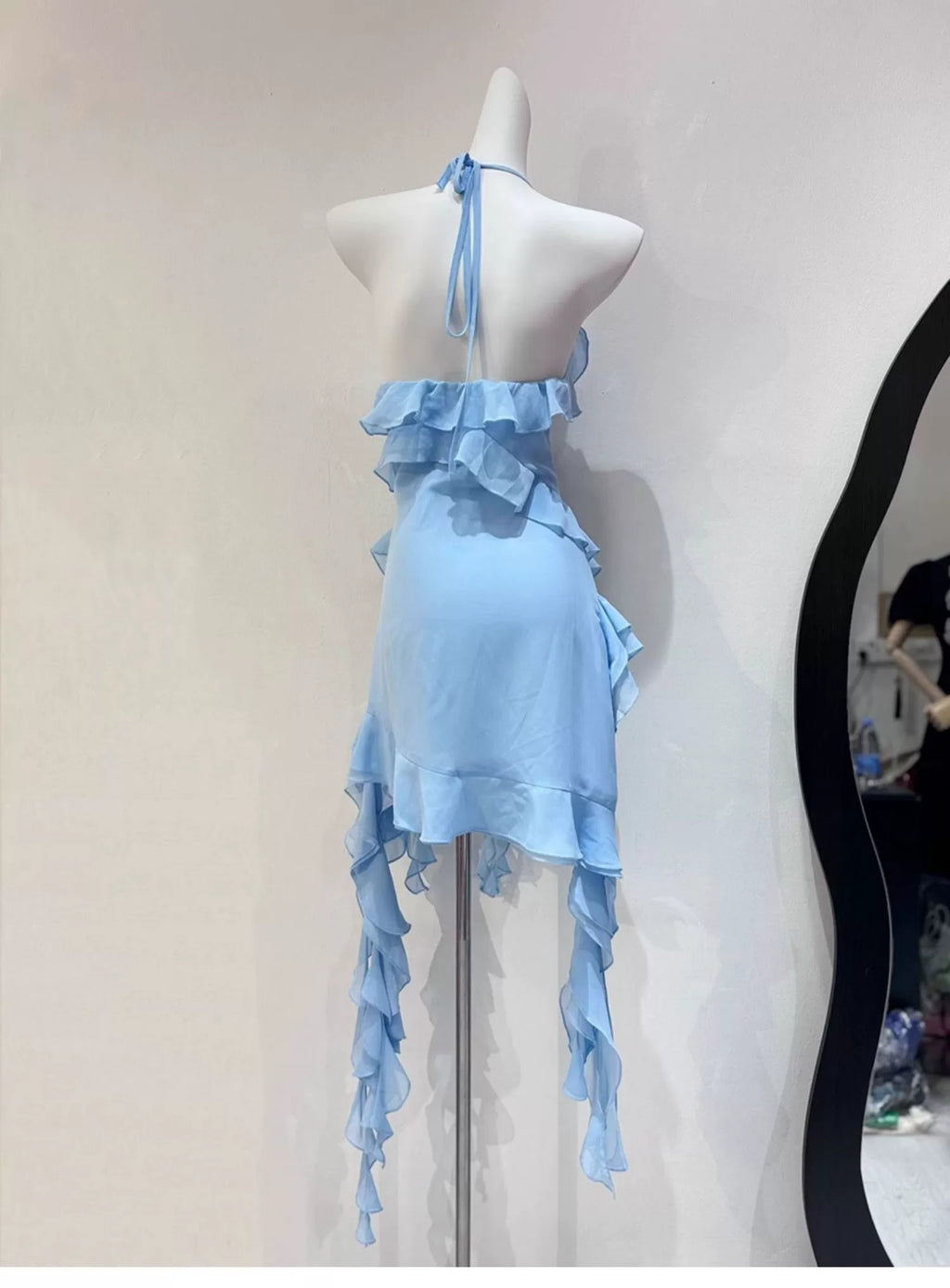 BLUE RUFFLED HALTER NECK MINI DRESS