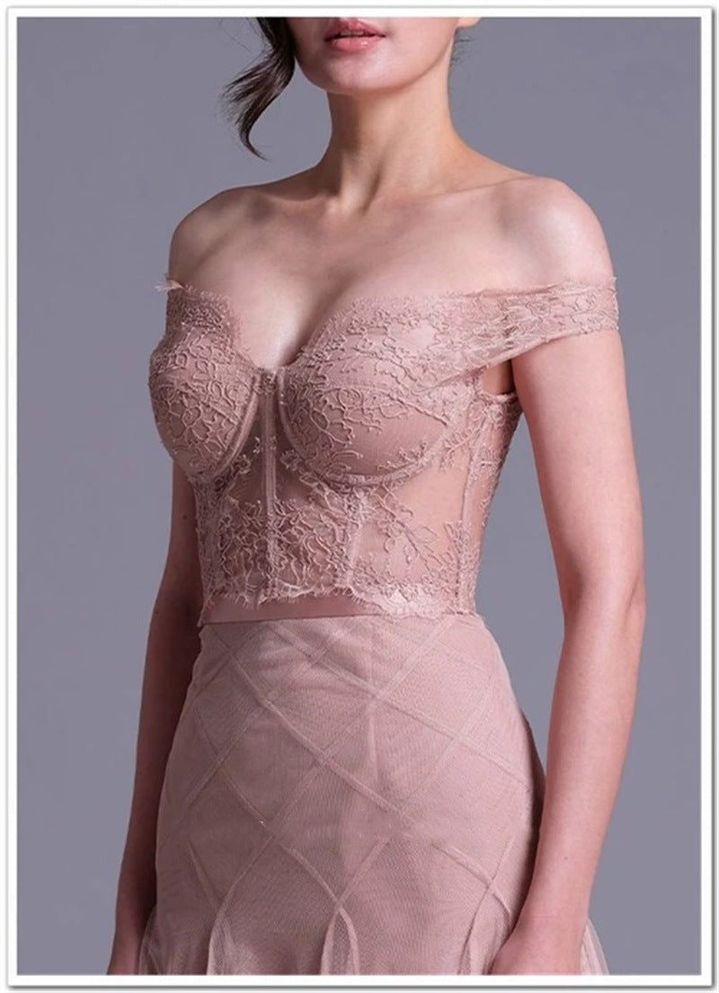 FLORAL DENTELLE OFF-SHOULDER BUSTIER CORSET NET SKIRT SET IN PINK