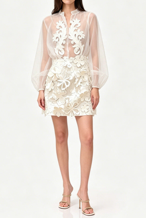 Floral appliqué sheer organza blouse & mini skirt set - white