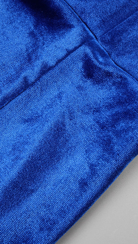 JOSEPHINE OFF-SHOULDER VELVET SASH GOWN IN BLUE