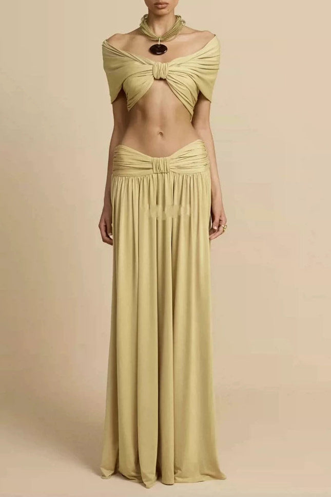 Pleated Crop Top and Maxi Skirt Set in Soft Gold