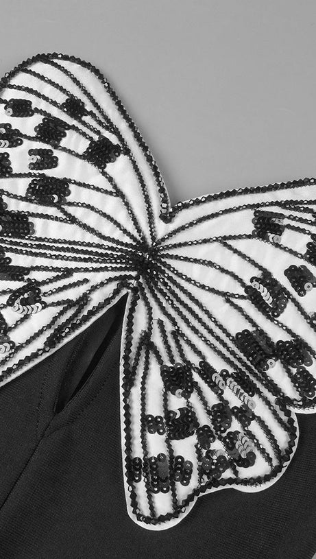 BUTTERFLY EMBROIDERED BODICE PUFFBALL MINI DRESS IN BLACK