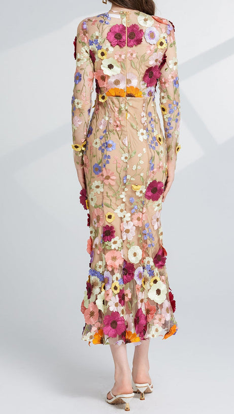 CAROL BROWN FLORAL EMBROIDERY MESH LONG SLEEVE MIDI DRESS