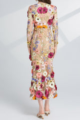CAROL brown FLORAL EMBROIDERY MESH LONG SLEEVE MIDI DRESS