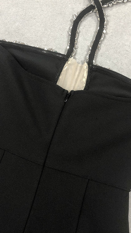 DIAMOND-EMBELLISHED HALTERNECK FITTED BANDAGE MAXI DRESS BLACK