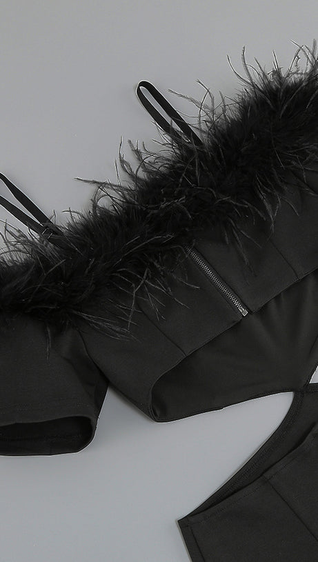 OFF-SHOULDER FEATHER PANEL BLACK DRESS