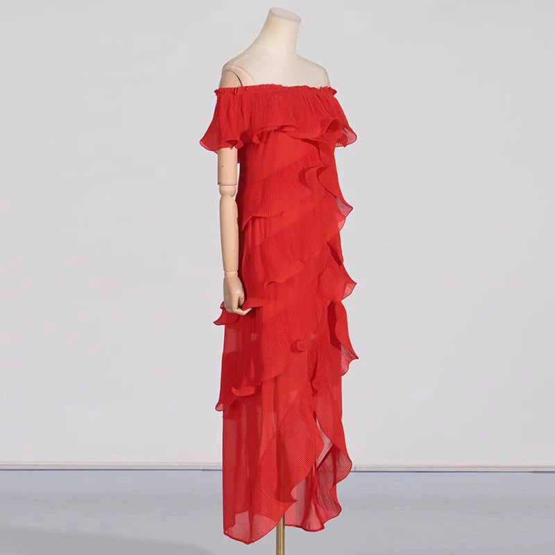 DORA ROSE RED OFF-SHOULDER PLEATED ORGANZA MAXI DRESS