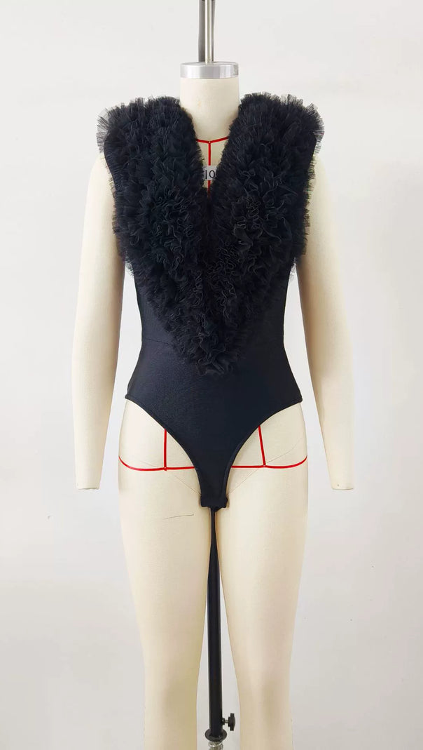 AIIZIE MIRANDA BLACK BANDAGE FIGURE FORM KNIT FLOWER DETAIL BODYSUIT - product image