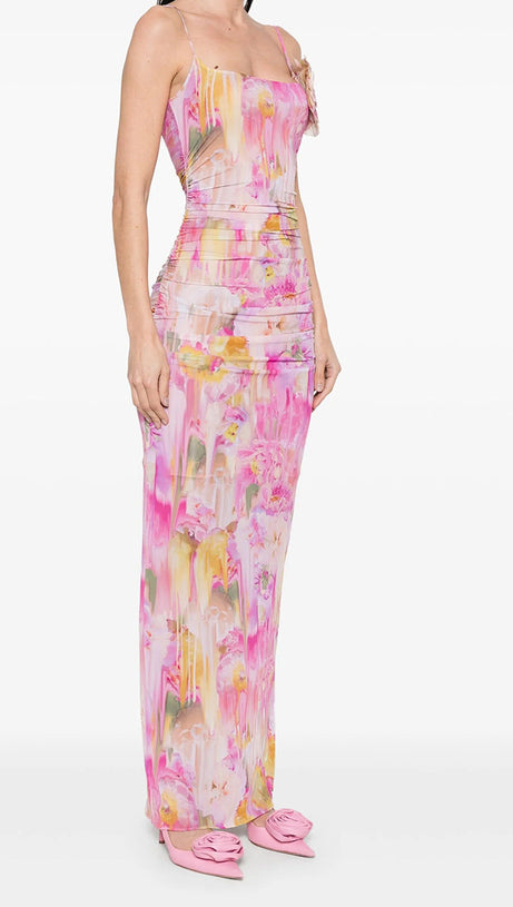 ABITO LUNGO MOLLY CON STAMPA FLOREALE APPLICATA IN ROSA