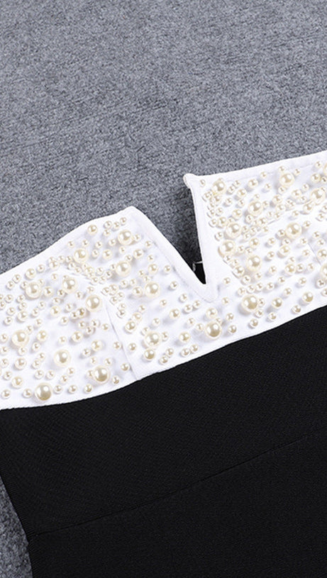 STRAPLESS PEARL EMBELLISHED STRETCH BODYCON DRESS IN BLACK