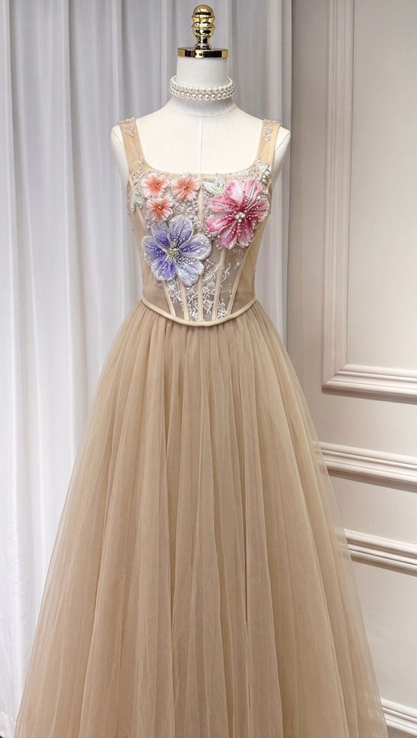 3D floral camisole top & tulle skirt set -  champagne