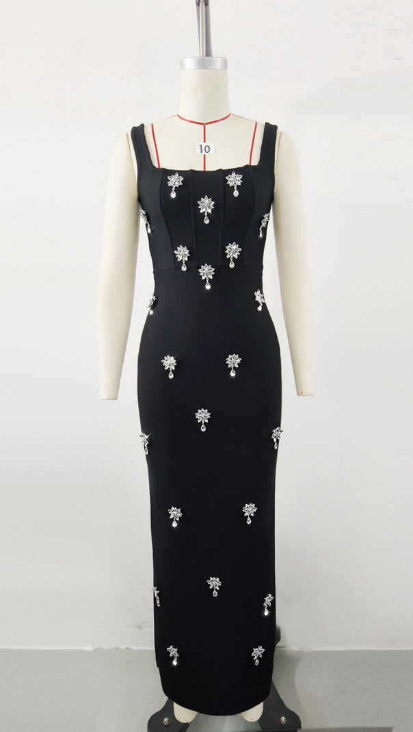 AIIZIE BLACK SLEEVELESS SQUARE NECK DIAMANTE BANDAGE MAXI DRESS - product image