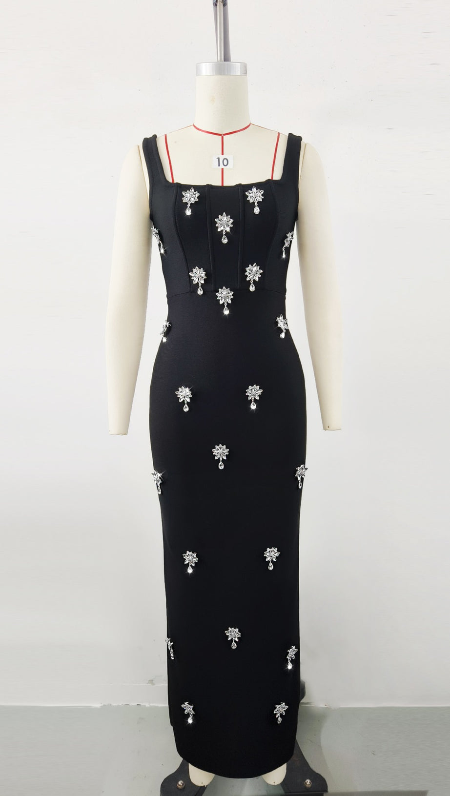 BLACK SLEEVELESS SQUARE NECK DIAMANTE BANDAGE MAXI DRESS