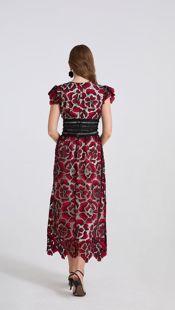 AIIZIE WINE RED FLYING SLEEVES HIGH WAIST SLIM FIT FLORAL LACE DRESS - product image