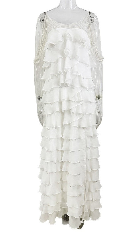 white nail bead layered lotus leaf slit maxi dress