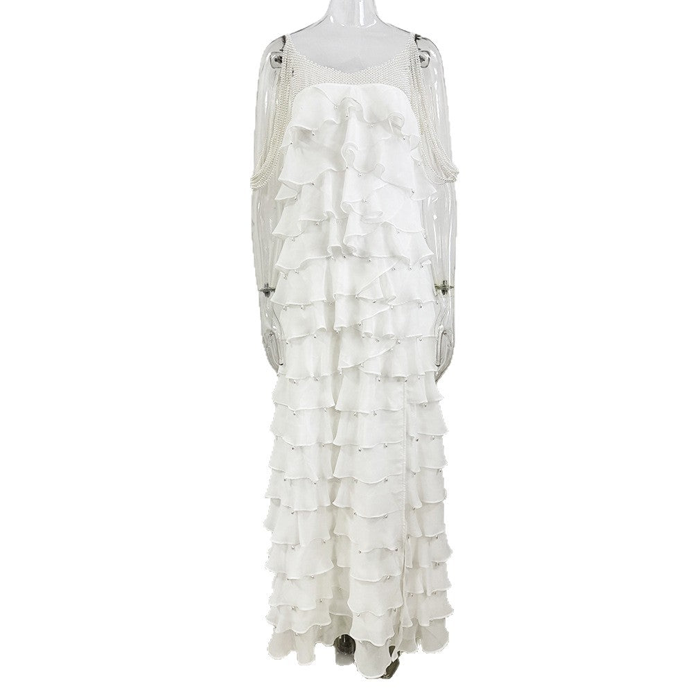 AIIZIE white nail bead layered lotus leaf slit maxi dress - product image