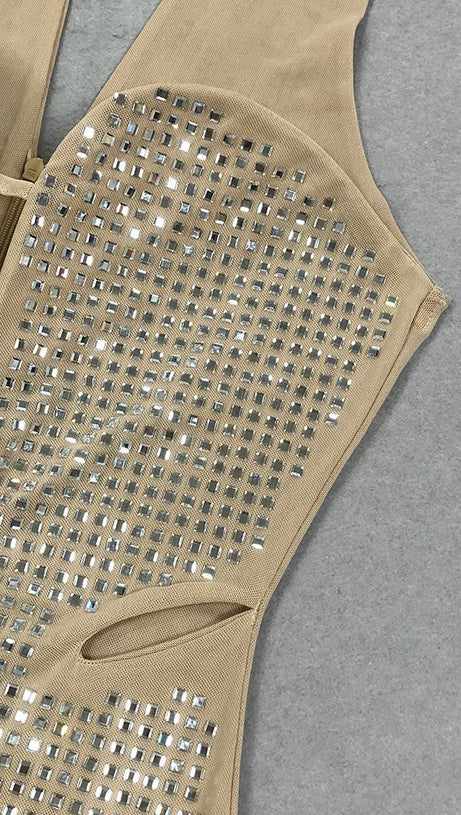 RHINESTONE MESH HALTER NECK MAXI DRESS