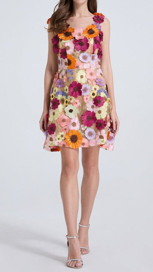 AIIZIE GEORGIA 3D FLORAL LACE MINI DRESS IN APRICOT - product image