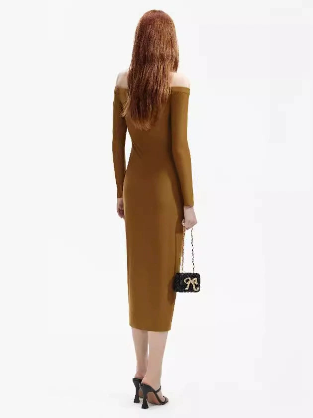 AIIZIE MAUREEN KHAKI JERSEY OFF SHOULDER MIDI DRESS - product image
