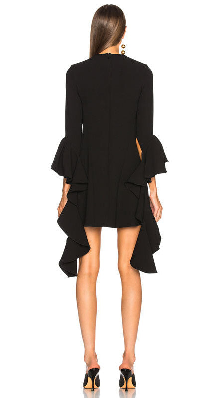 HANZO BLACK BELL SLEEVE MINI DRESS - CHIC RUFFLE HEM LBD