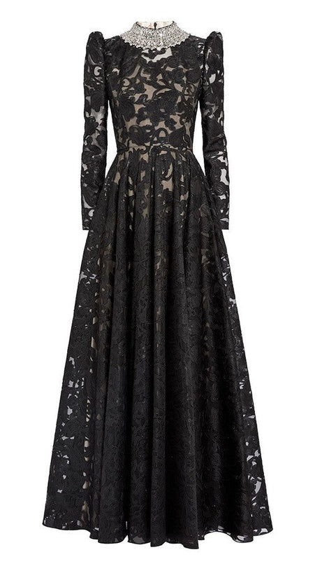 black mesh diamond embroidered maxi dress