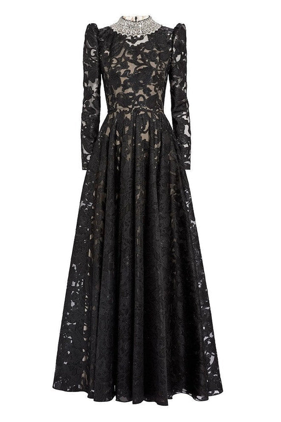 black mesh diamond embroidered maxi dress
