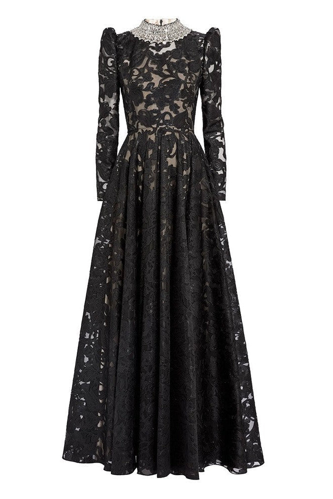 black mesh diamond embroidered maxi dress