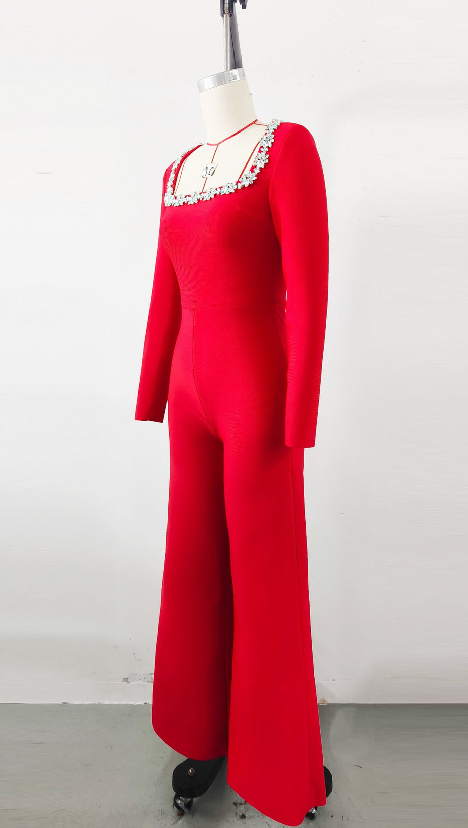RED LONG - SLEEVED JUMPSUIT WITH WIDE - LEG PANTS