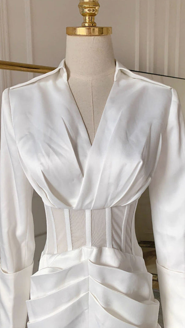 AIIZIE ALYSSA DEEP V SEE-THROUGH FISHBONE PLEATED HIP BLAZER MINI DRESS IN WHITE - product image