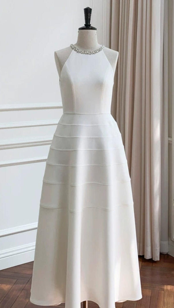 AIIZIE SLEEVELESS HALTER NECK WITH DIAMOND MIDI DRESS IN WHITE - product image