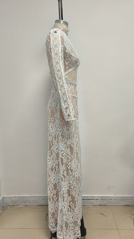 V-NECK LONG-SLEEVED LACE SHEER MAXI DRESS WHITE