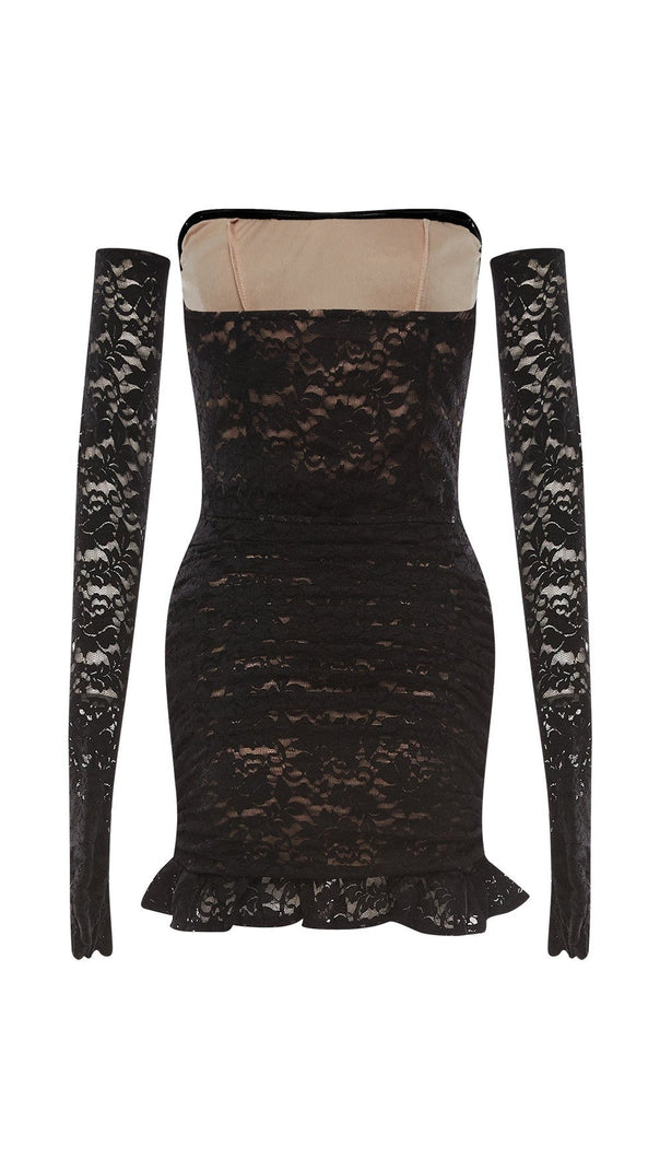 AIIZIE FISHBONE EMBELLISHED LACE RUFFLE MINI DRESS IN BLACK - product image