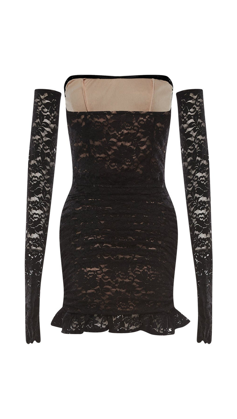 Minikleid mit Rüschen und Fischgrätenmuster in Schwarz