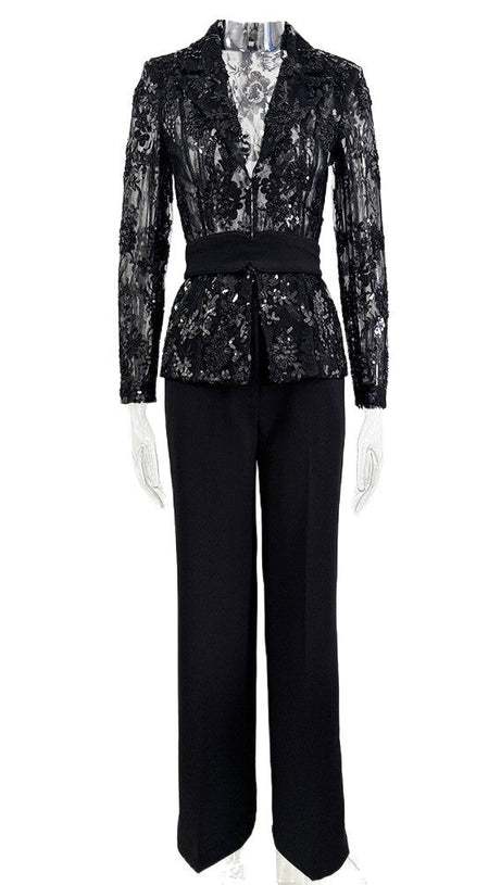 Mesh embroidered beaded jacket & trousers 2-piece set - black