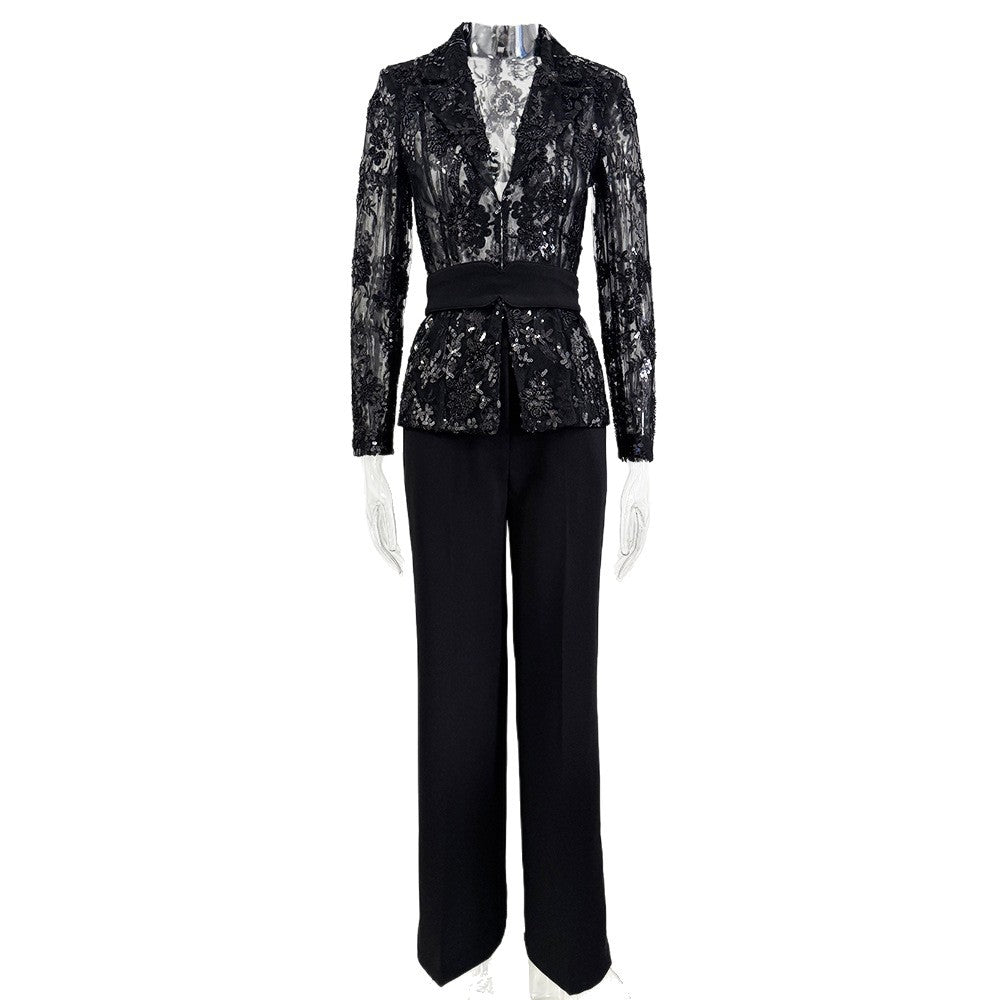 AIIZIE Beaded Mesh Jacket and Trouser Set in Black - product image