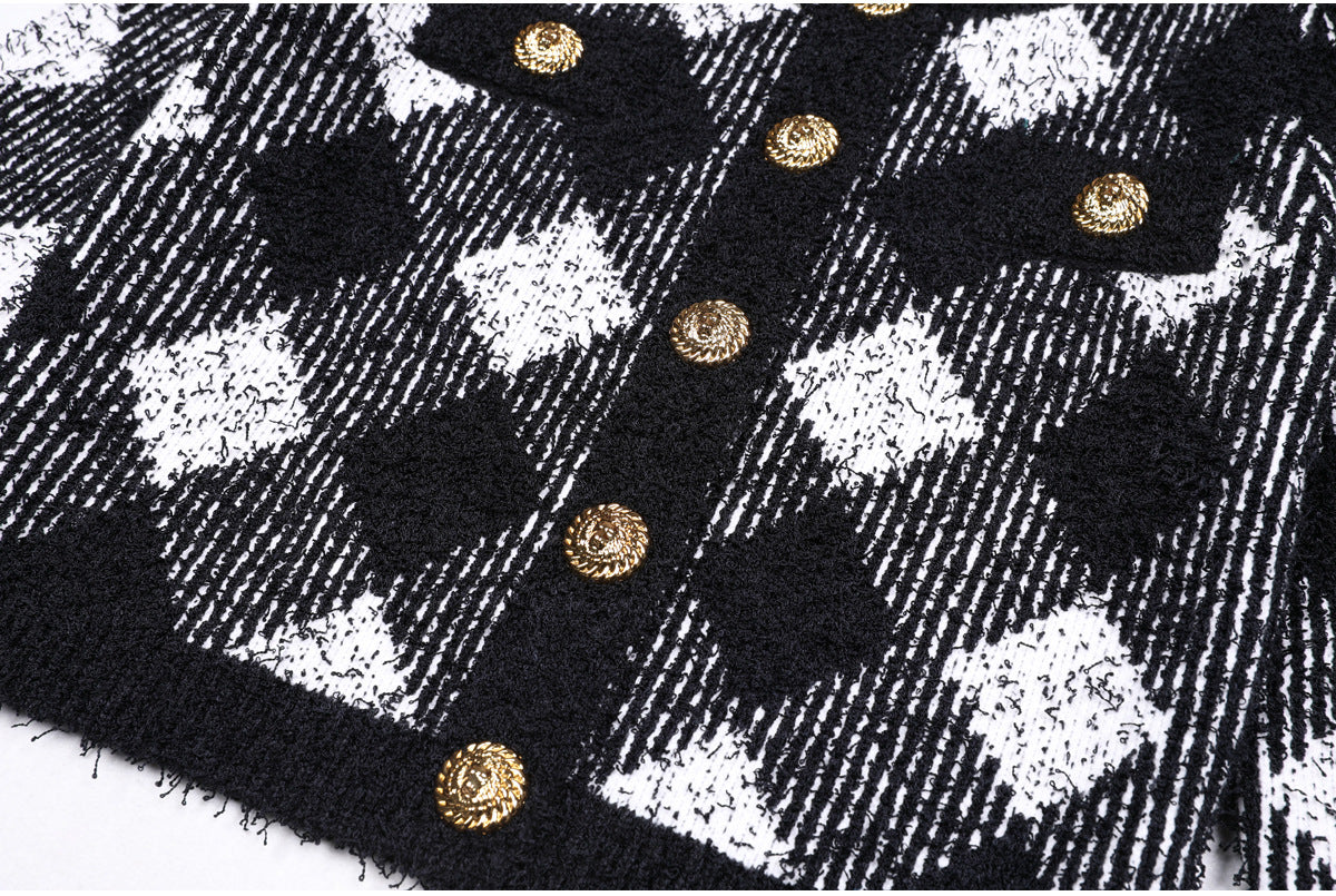 Schwarz-weiße Gingham-Tweed-Strickjacke