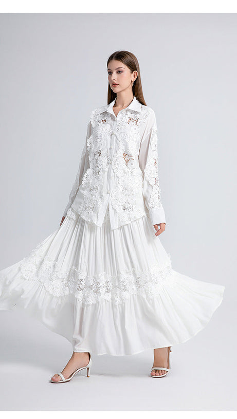 alexandra Splicing Flapped Lace hollow Midi Dress in white
