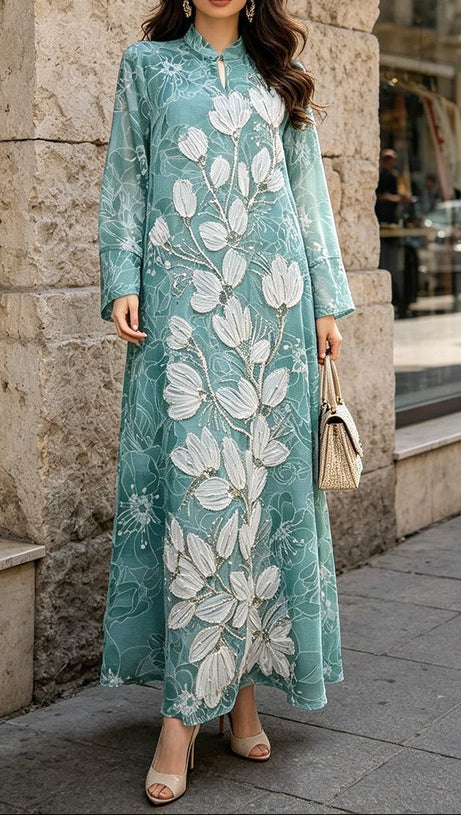 vivien Beaded floral embroidery maxi dress - blue